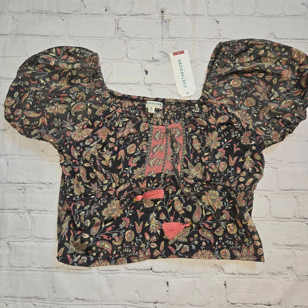 Earthbound Trading Co Paisley Floral Smocked Crop Top Puff Sleeve Tassel Medium